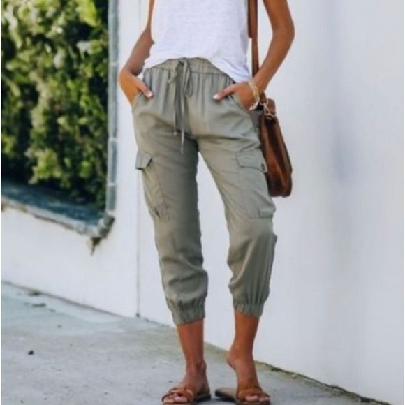 NWOT Dress Forum Women's Khaki Washed Cargo Jogger Drawstring Pants Size S - Picture 2 of 10